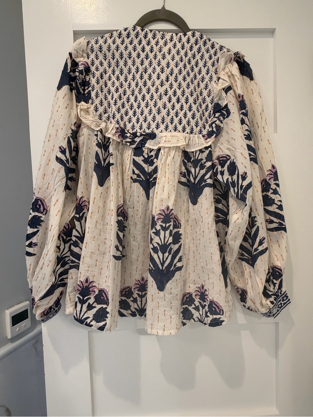 Embroidered Cream Peasant Blouse with Navy Floral Print - Picture 7 of 8